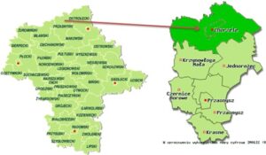Miasto i Gmina Chorzele na tle województwa mazowieckiego i powiatu przasnyskiego
